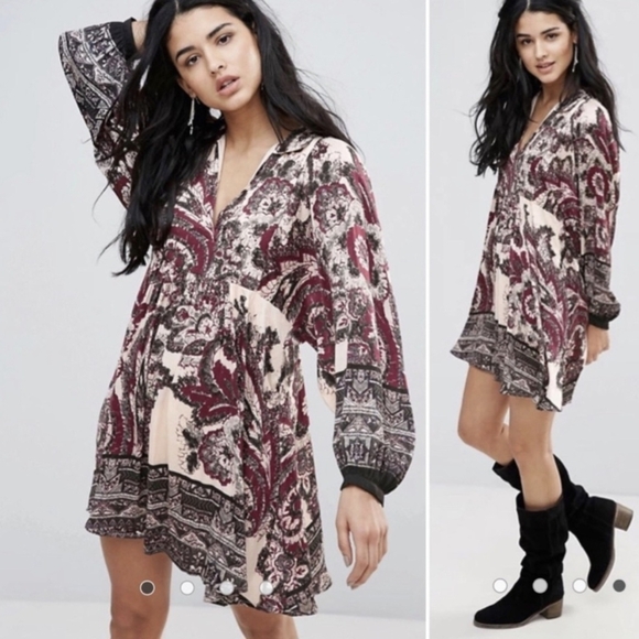 Free People , Say You Love Me , Burgundy and Cream Long Sleeve Dress - Picture 8 of 8